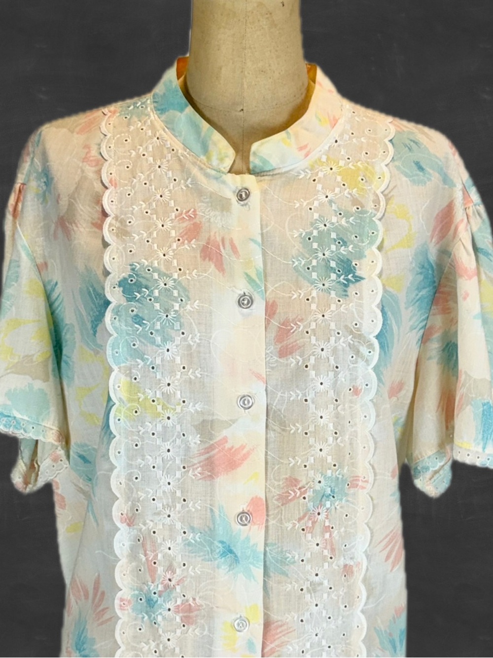 VINTAGE 80s pastel‎ rainbow multicolor blouse eyelet lace ruffle short sleeve XL
